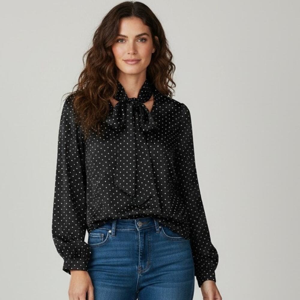 14 Top Blouse Tie Neck Polka Dot Bow Vintage 90's Black White Liz Claiborne L